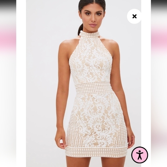 Pretty Little Thing White High Neck Lace Crochet Lined Bodycon Sz. 6 Mini Dress - Picture 1 of 14
